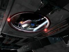 Type 11 Shuttle pod exiting the shuttle bay of a Defiant Class vessel